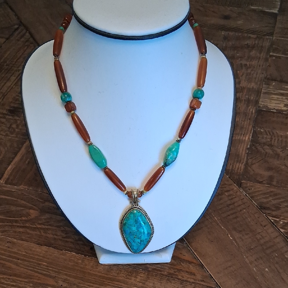 Barse Turquoise and Brown Horn Bead Necklace